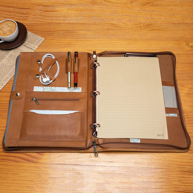 YIWEN Handmade Genuine Leather Portfolio, Zippered Padfolio with 3 Ring Binder, Professional Business Organizer, Resume Folder, Notebook Organizer with Tablet Document Holder for Men, Women, Business Trip - Image 2